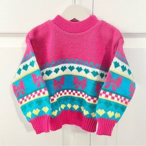 Vintage SPORT EASE Kids coquette bow and heart colorful sweater Medium